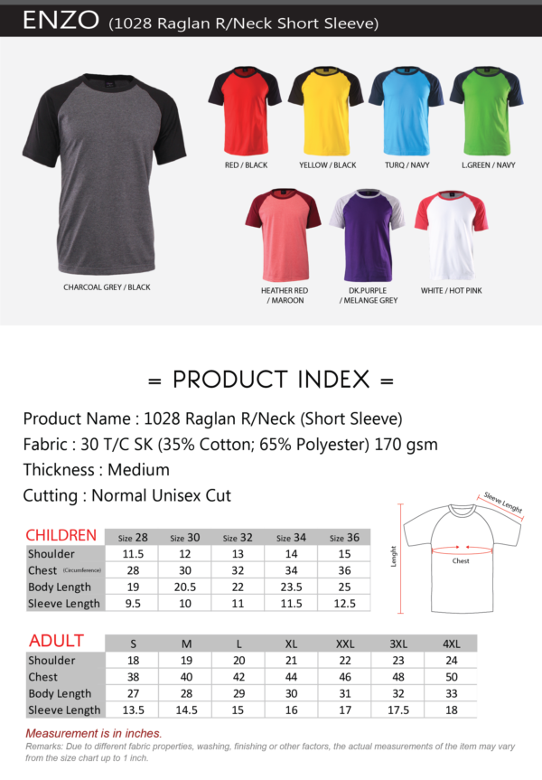 ENZO - 1028 RAGLAN ROUND NECK SHORT SLEEVE T-SHIRT (FAMILY TEE)