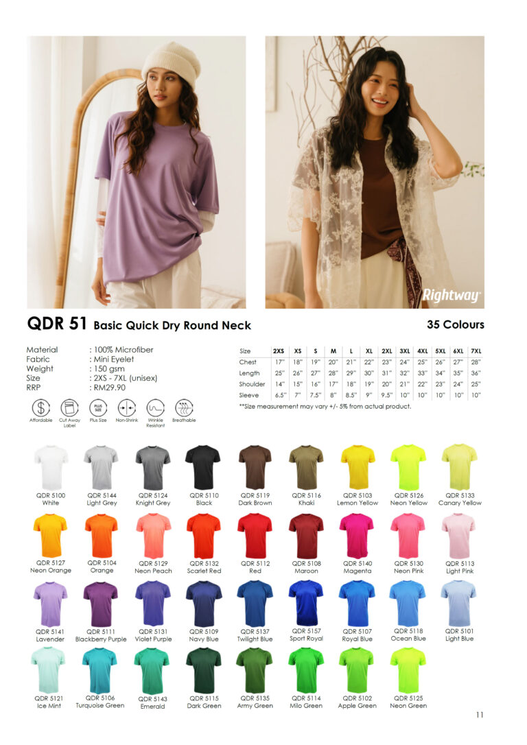 RIGHTWAY - QDR 51 BASIC QUICK DRY ROUND NECK T-SHIRT (150GSM)