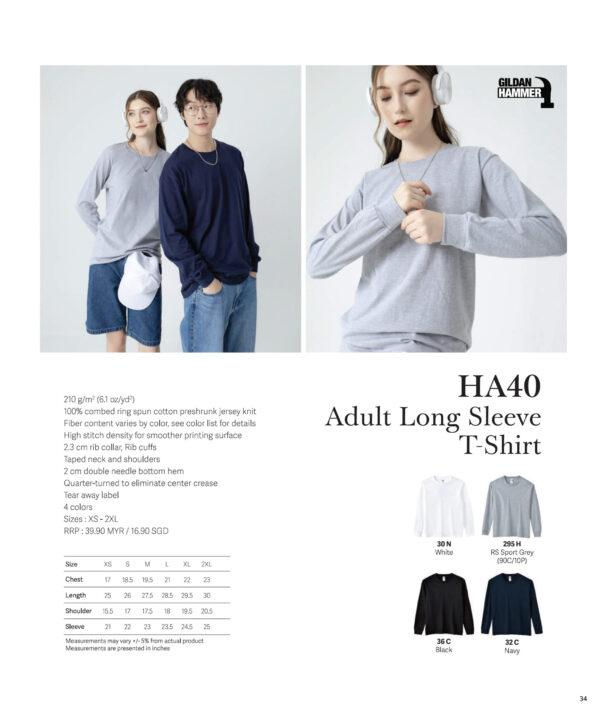 GILDAN - HA40 HAMMER ADULT LONG SLEEVE T-SHIRT 100% COMBED COTTON (210GSM)