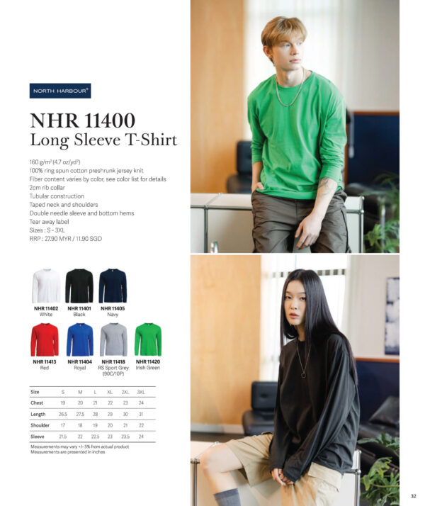 NORTH HARBOUR - NHR11400 LONG SLEEVE T-SHIRT 100% COTTON (160GSM)