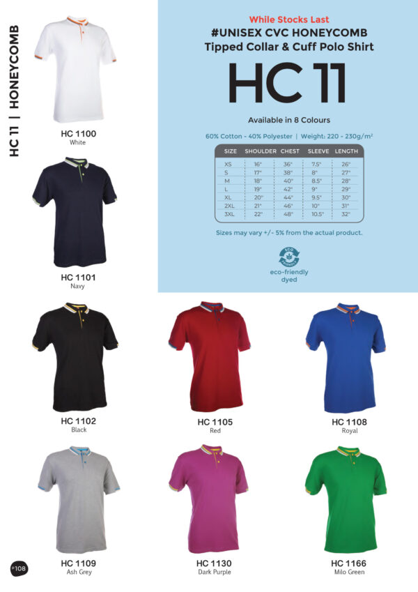 OREN - HC 11 UNISEX CVC HONEYCOMB TRIPPED COLLAR & CUFF POLO SHIRT (220-230GSM)