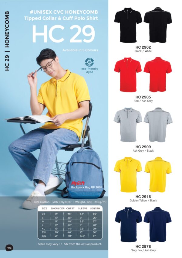 OREN - HC 29 UNISEX CVC HONEYCOMB TRIPPED COLLAR & CUFF POLO SHIRT (220-230GSM)