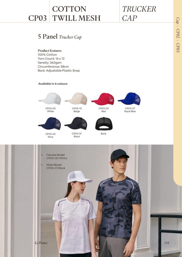 CP03 (2025) LE'FONSE - CP03 COTTON TWILL MESH 5 PANEL TRUCKER CAP 100% COTTON