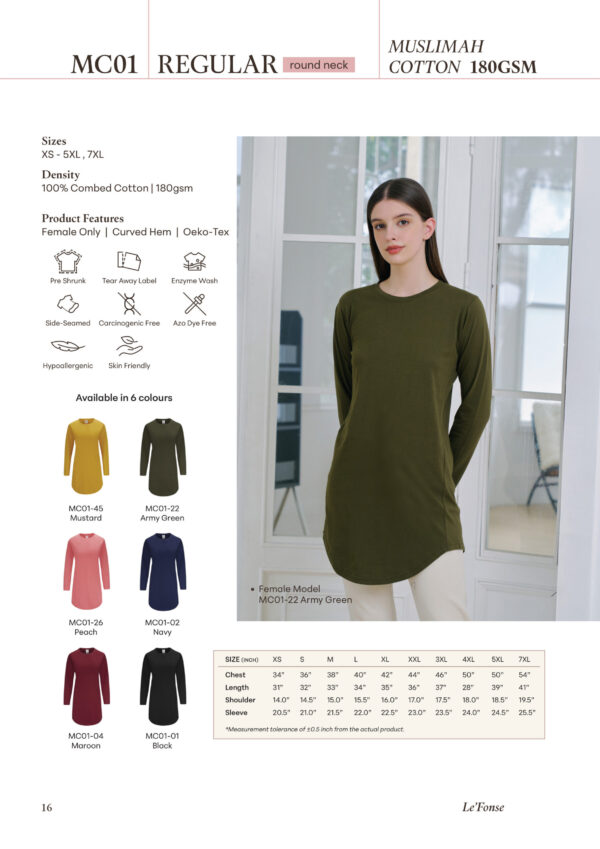 LE'FONSE - MC01 REGULAR ROUND NECK MUSLIMAH COTTON 180GSM