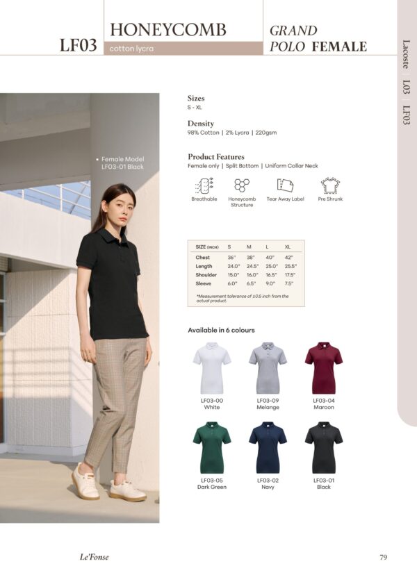 LE'FONSE - LF03 HONEYCOMB GRAND POLO COTTON LYCRA (220GSM) - FEMALE