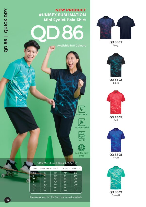 OREN - QD 86 UNISEX SUBLIMATION Mini Eyelet Polo Shirt (150GSM) NEW