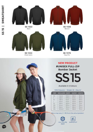 OREN - SS 15 UNISEX FULL-ZIP  BOMBER JACKET 100% POLYESTER (55-60GSM) NEW